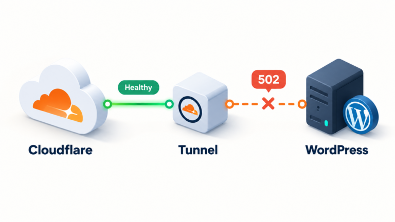 Cloudflare와 터널의 연결은 Healthy지만 터널과 WordPress 사이 연결은 실패한 상황을 설명하는 개념도
